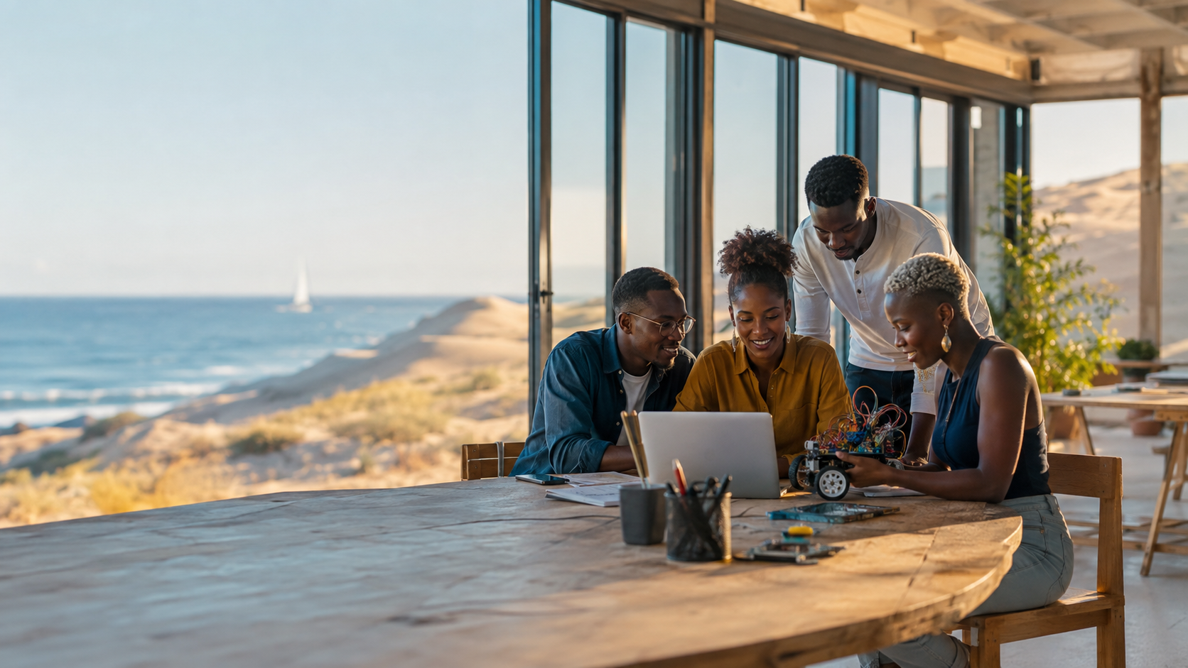 Young Namibian makers collaborating around a robotics project by the coast